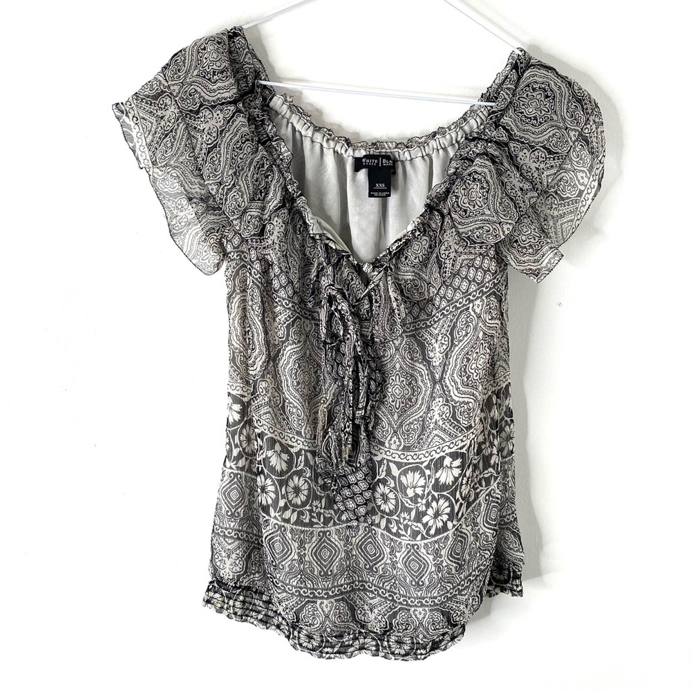 WHBM Black White Silk Ruffle Blouse Tiered Flutter Sleeve V-Neck Top